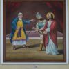 A painting depicts Jesus in red and white, with his hands tied up. The rope around Jesus' hands is held by a soldier in blue armor. The soldier also carries a spear with his other hand. An older man in yellow and blue clothing, and with white beard and skullcap is pointing at Jesus. The painting has a brown wooden frame and is mounted on the wall. The text below it reads III JESUS BEFORE THE SANHEDRIN.